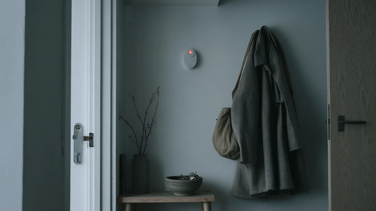 A pre-dawn hallway seen from inside an apartment doorway, a smoke alarm indicator glowing on the ceiling, a coat still on the hook beside a bag, everything ordinary, nothing hurried