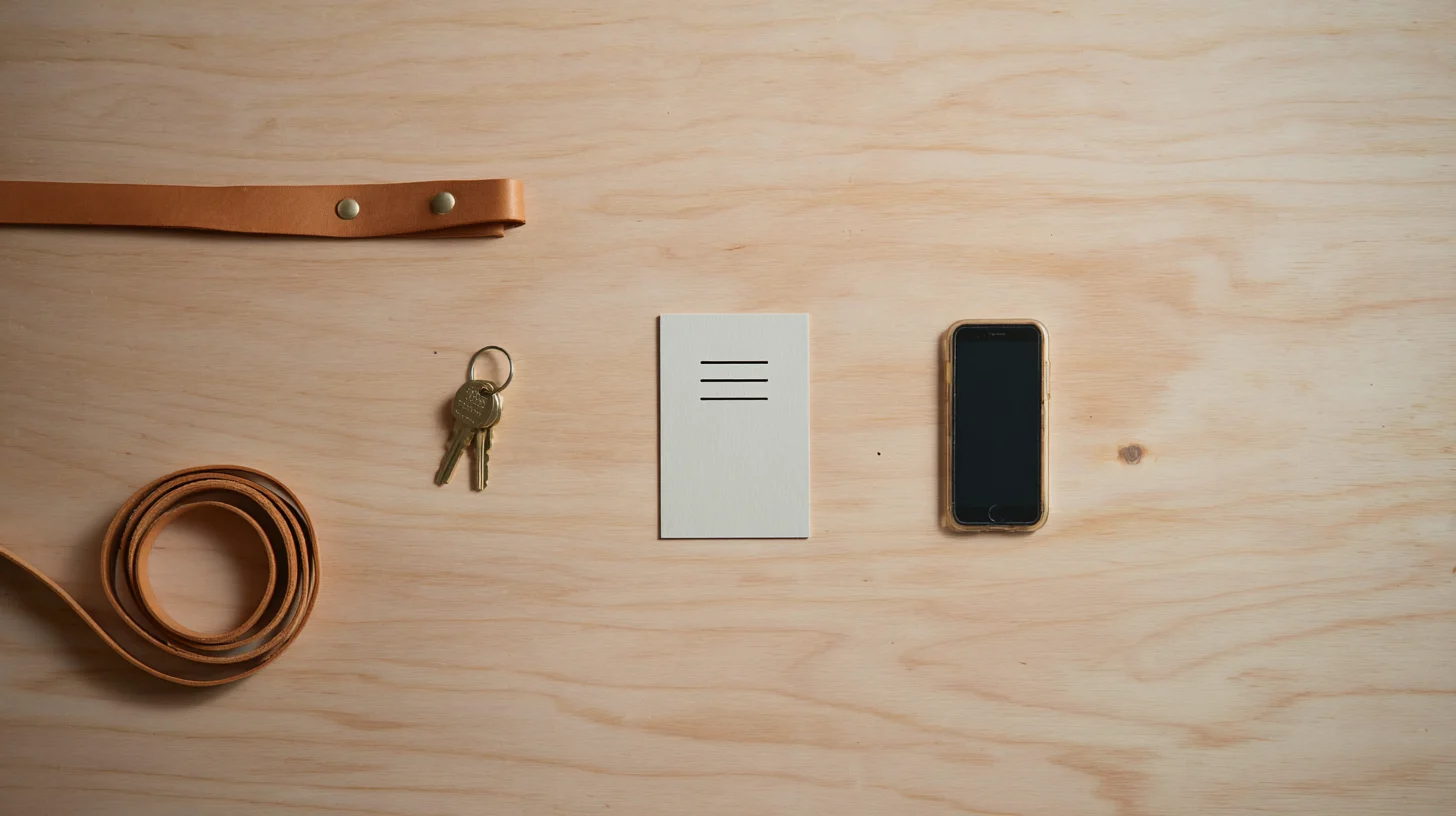 Four objects laid out on a kitchen table in flat overhead light: a house key, a small card with three handwritten lines, a phone face down, a dog leash