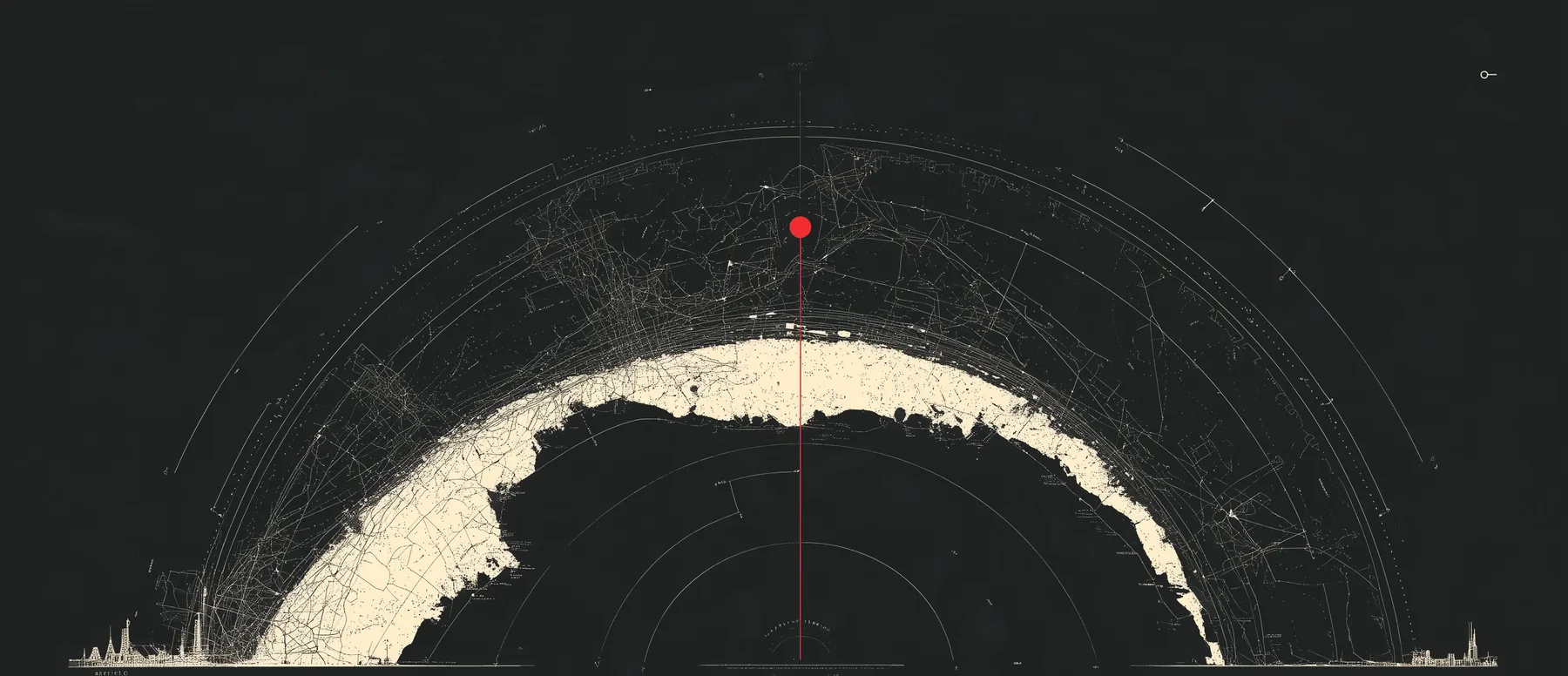 Dark technical schematic of a surveillance dome assembling scattered open-source data into a single mapped exposure, a red locator pin marking the target at its center