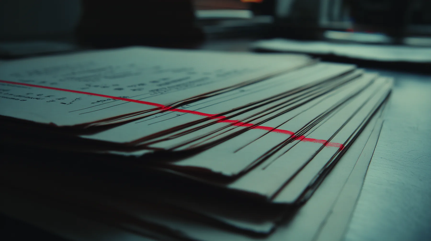 A close low-light photograph of a thick stack of assembled dossier documents on a desk, a red line traced across them like an assessment marker