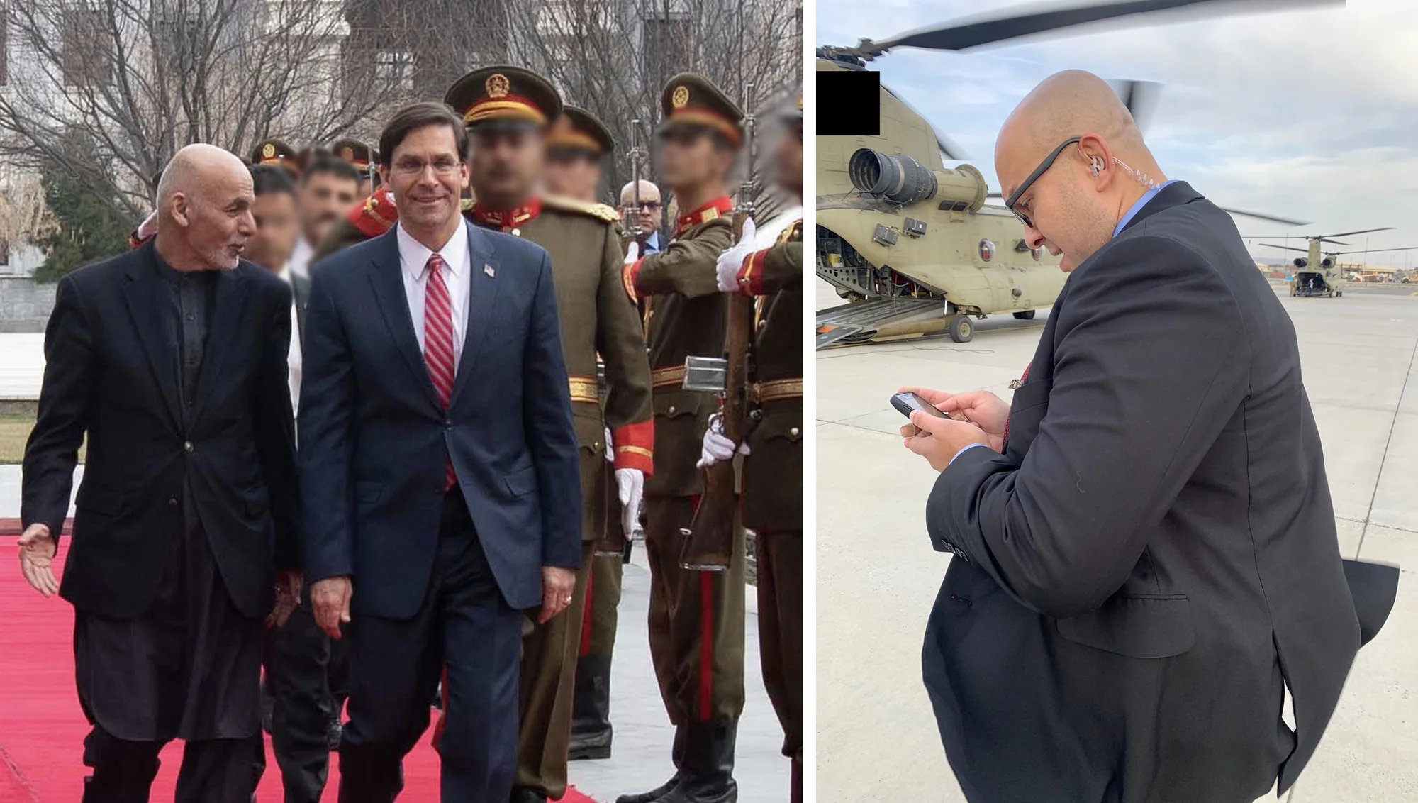 Two photographs side by side: at left, the arrival honor guard in ranks near the principals at the February 2020 Kabul visit; at right, the author on the protective detail for that visit, earpiece in. The author's own photographs