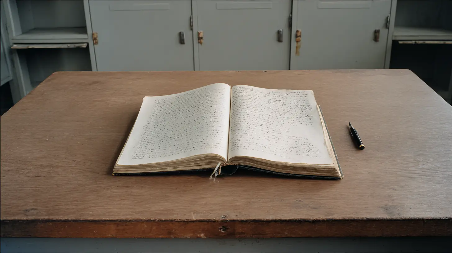 An open bound record book on a worn wooden desk in a records room, its ruled columns filled line after line, a plain pen resting closed on the desk beside it