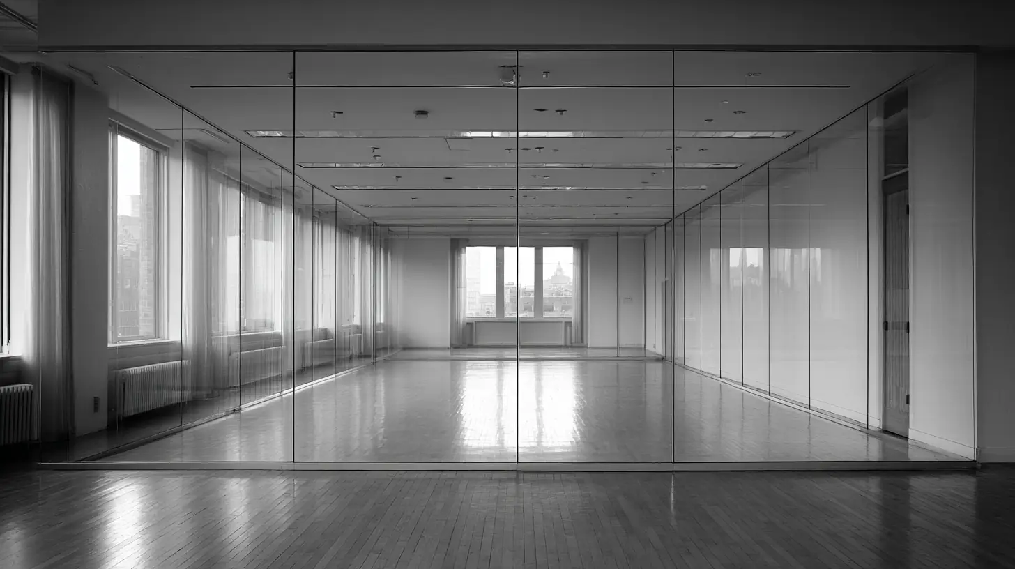 An empty institutional office divided by a plain floor-to-ceiling glass partition, an empty room visible through the glass on the far side, in flat daylight