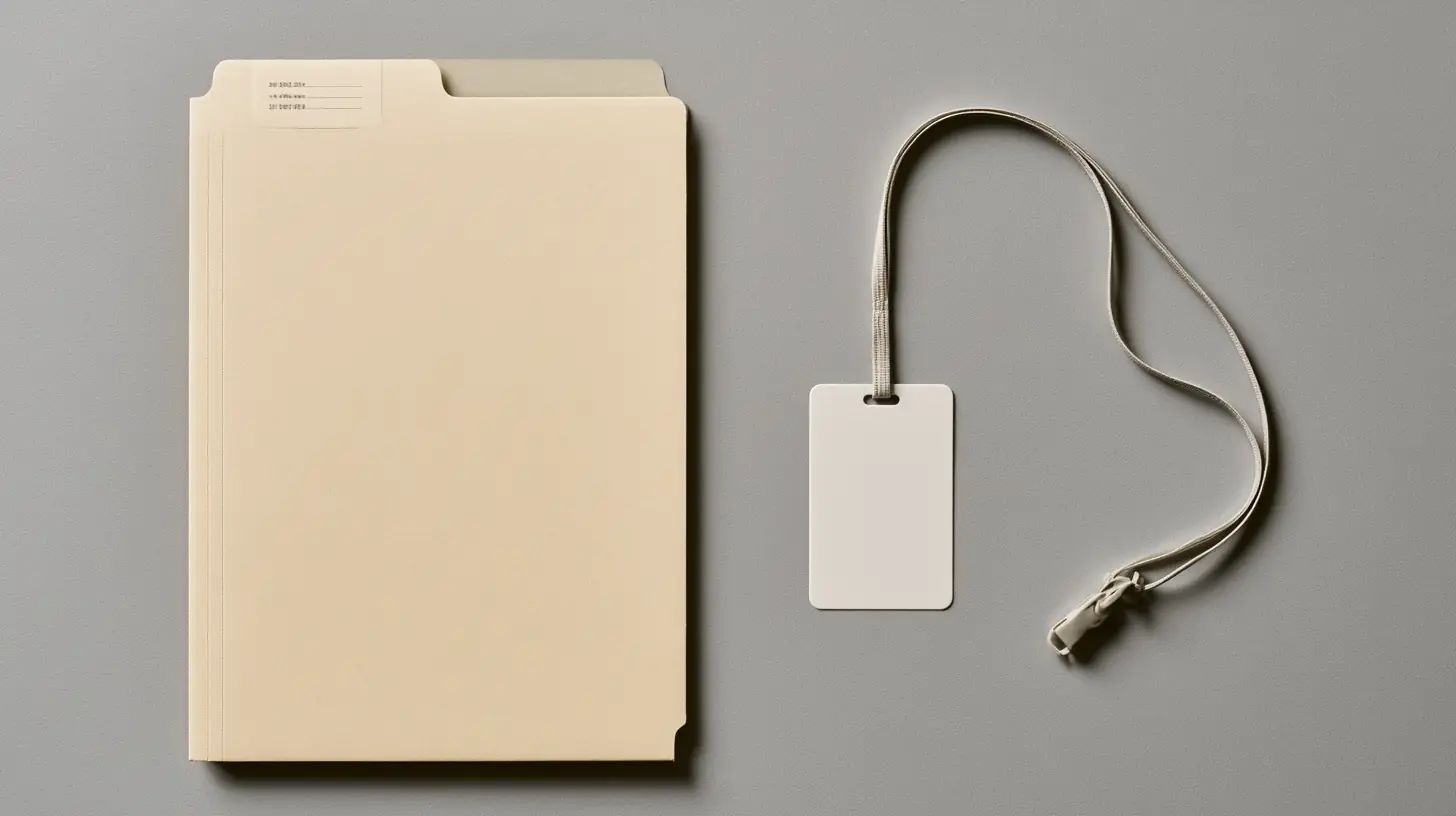 A contractor badge on a lanyard resting on a closed archive folder for a completed services contract, the folder's period of performance dates visible on the label, an otherwise cleared desk in cool office light