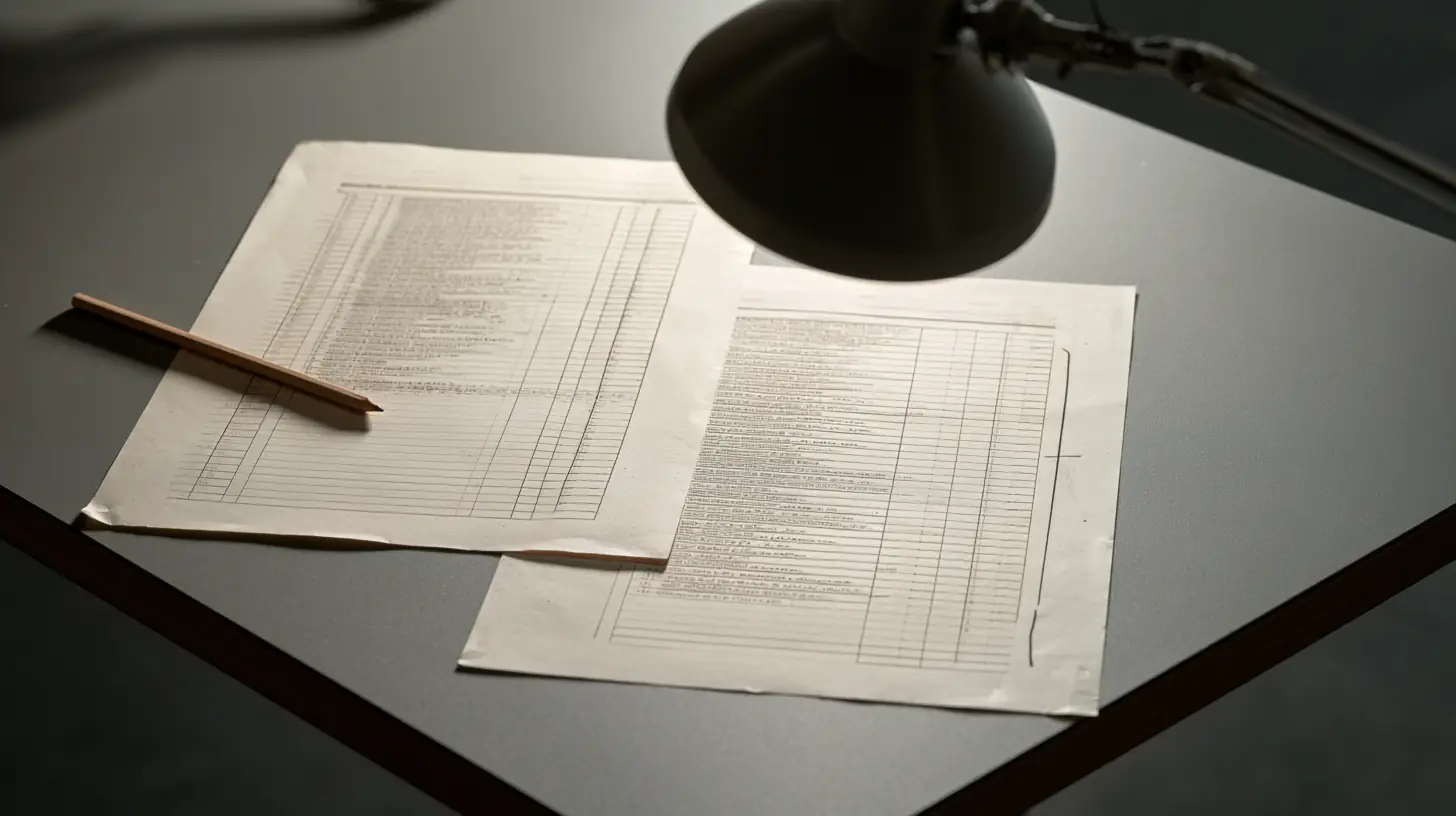 Two printed lists laid side by side on a table under a single desk lamp, one a contract register with end dates, one an access directory, several rows on the access list with no matching row on the contract list