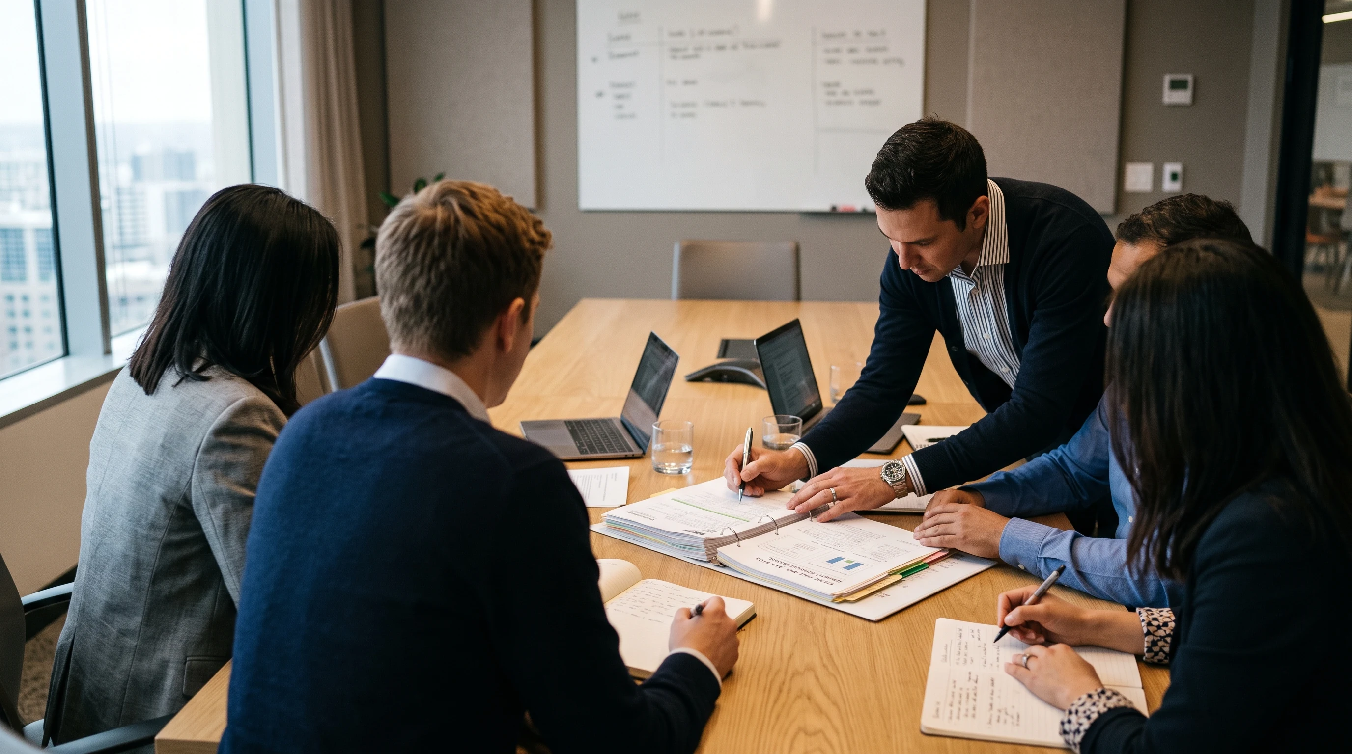 A multidisciplinary threat management team reviewing a case file together around a conference table