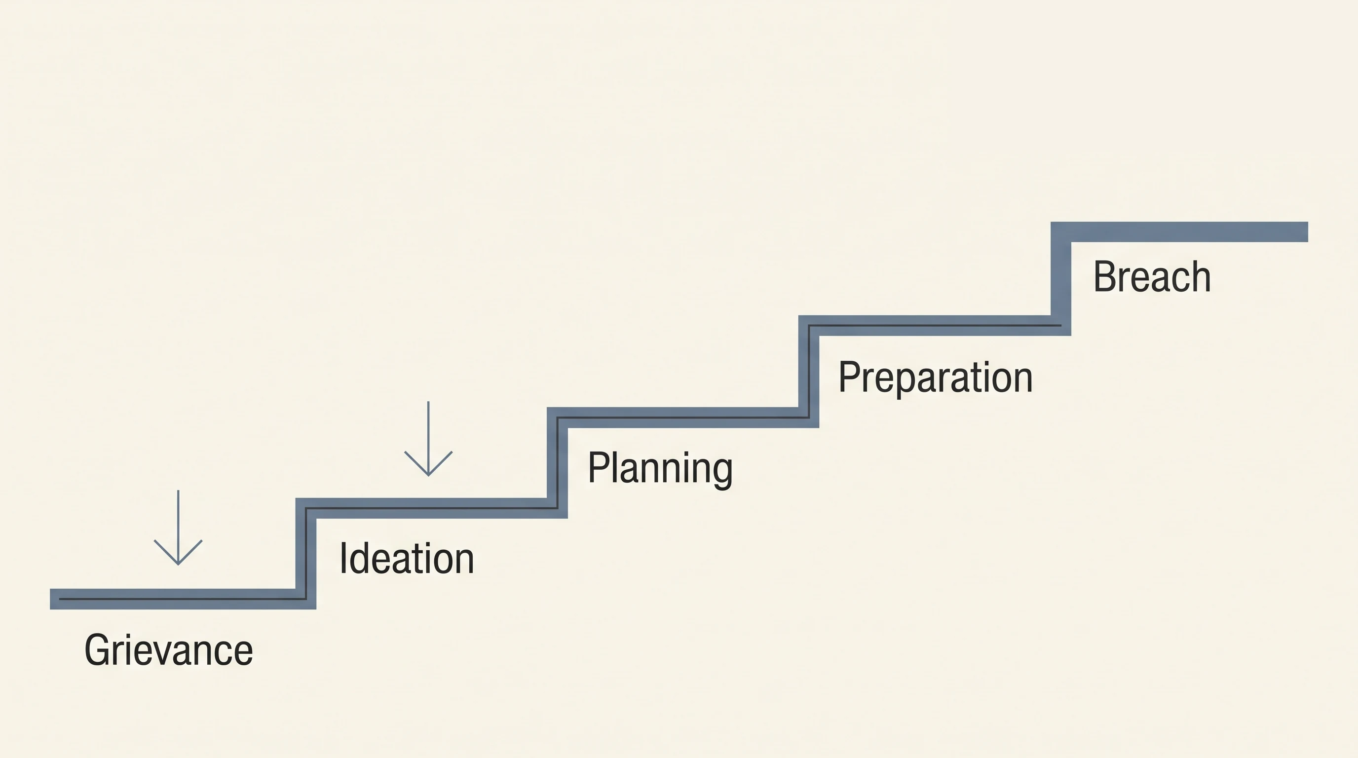 A clean stepped-line diagram of the escalation pathway from grievance to planning to preparation, with intervention points marked