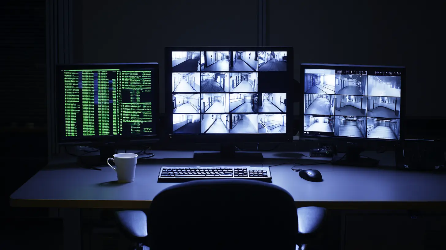 A security operations desk at night, one screen showing a completed patrol checklist and a second showing raw door-access timestamps that do not align, no people present