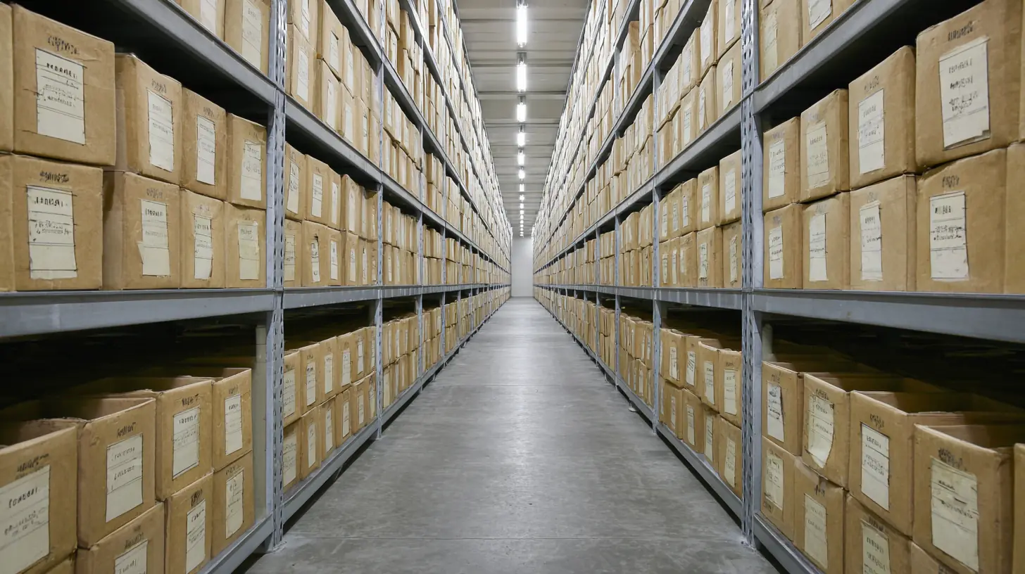 An aisle in a commercial records warehouse, identical cartons filling the racking on both sides and receding into the dark, no people in frame
