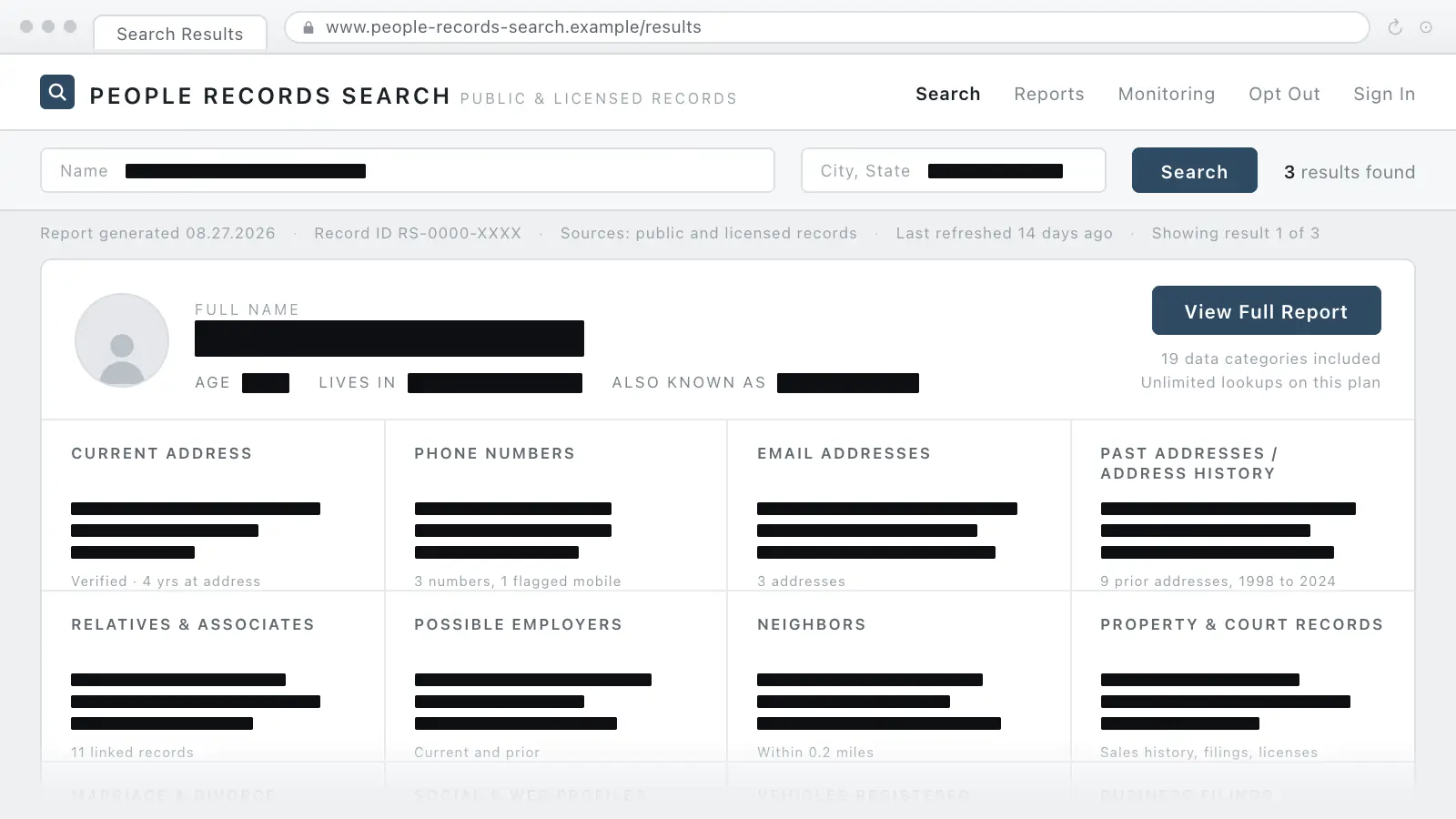 A mock-up of a people-search results page for one person on a generic service, every personal value, the name, address, phone numbers and relatives, blacked out with redaction bars
