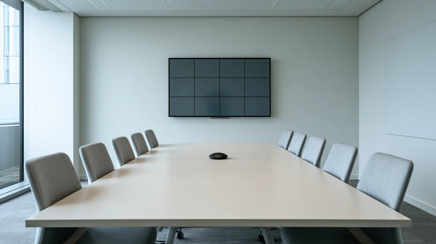 An empty corporate conference room in mid-morning light, a long table with a wall-mounted display showing a blank video-call grid, chairs pushed in, nothing happening