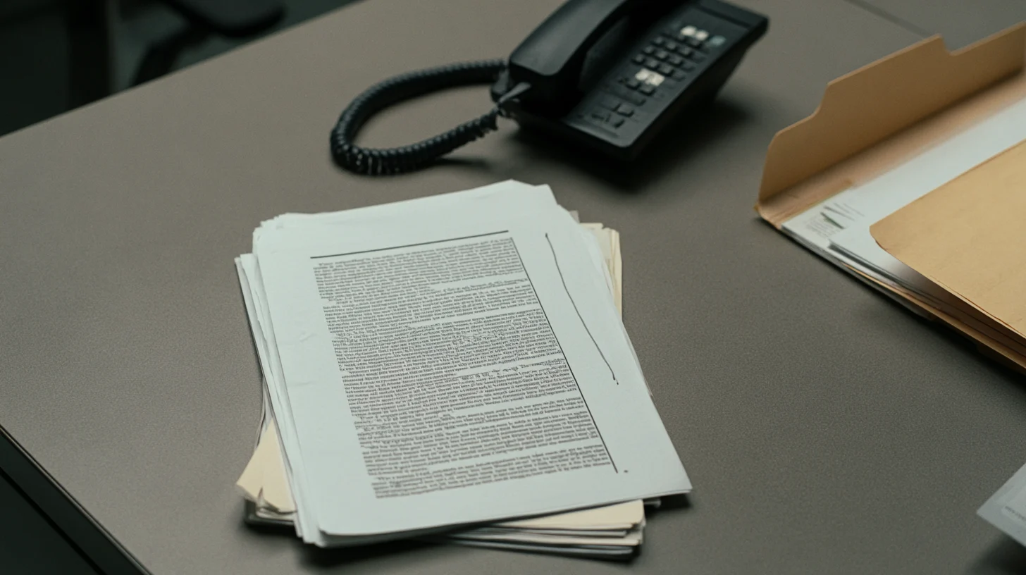 A printed payment authorization procedure lying on a desk with one clause marked, a black desk telephone beside it, a manila vendor file open alongside in flat daylight