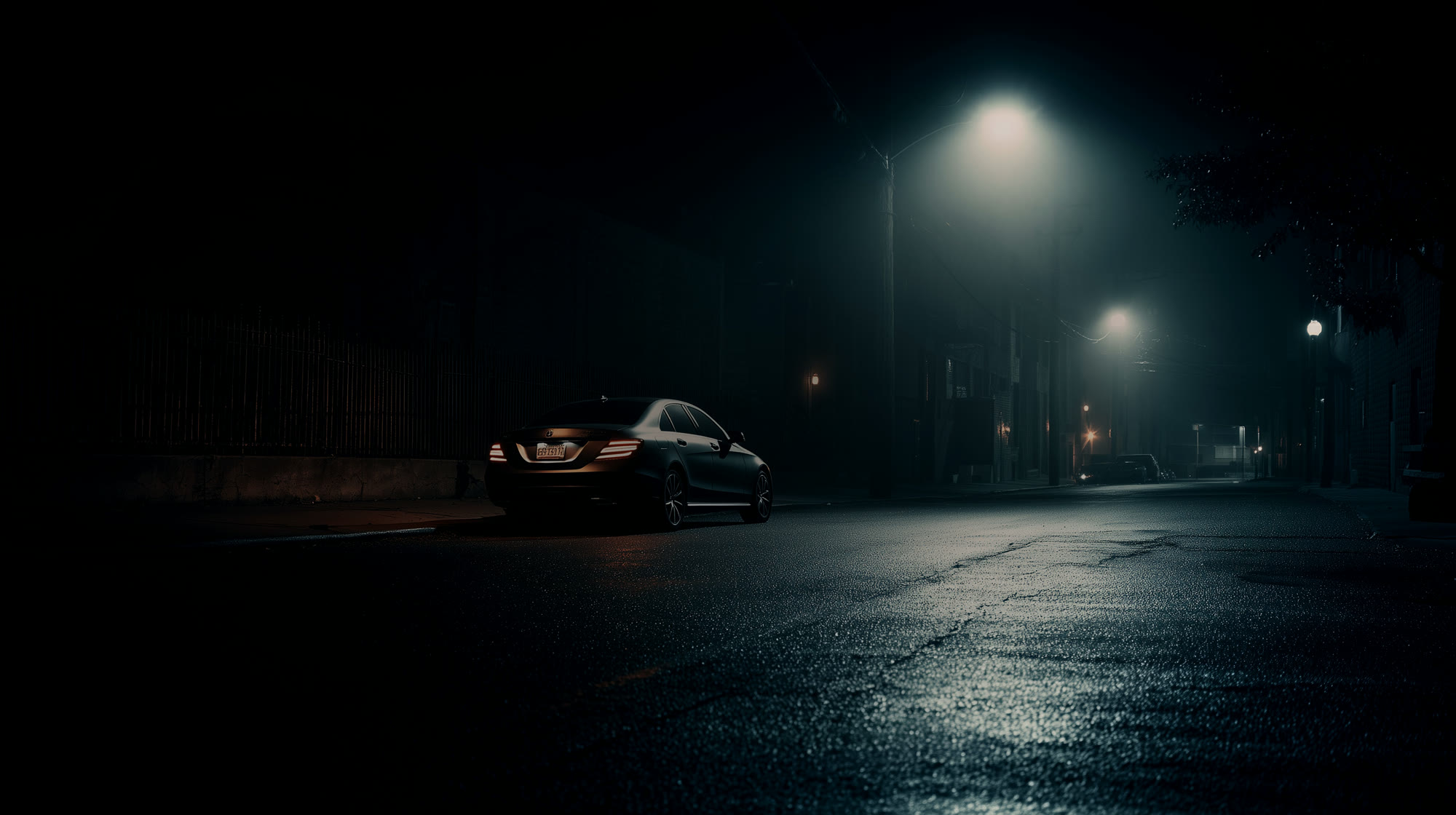 Rain-soaked city street at night, seen from a watcher's distance